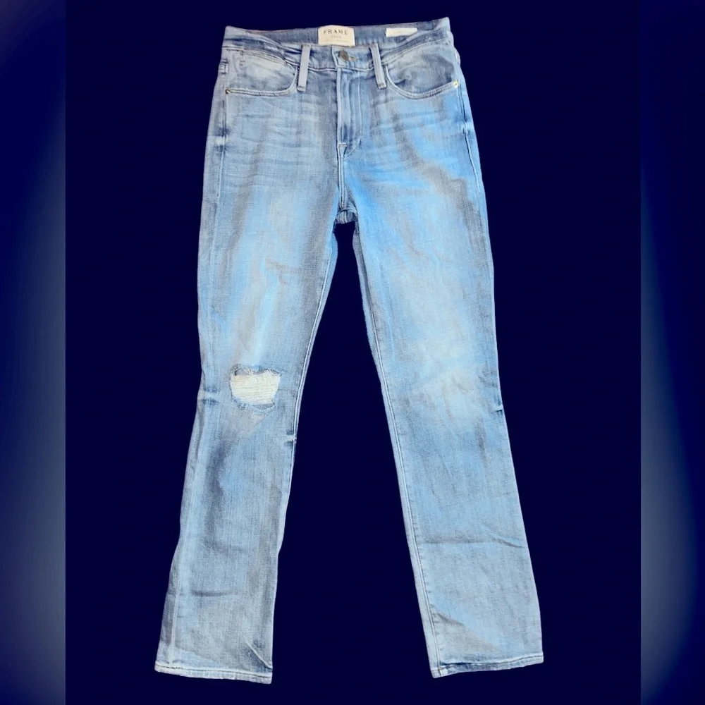 Frame Le High Straight Jeffrey Jean distressed ripped light wash size 25 preppy